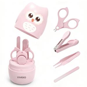 Baby Nail Kit, 4-in-1 Baby Nail Care Set with Cute Case, Baby Nail Clippers, Scissors, Nail File & Tweezers, Baby Manicure Kit and Pedicure kit for Newborn, Infant, Toddler, Kids-Owl Pink