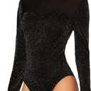 WDIRARA Women's Square Neck Mesh Long Sleeve Elegant Simple Fitted Top Bodysuit,Size L