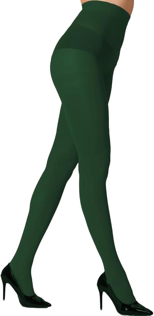 MERYLURE 240D Tights for Women, Opaque Soft High Waist Control Top Pantyhose Solid Color Footed Stockings Colorful Nylon (XX-Large, Dark Green)