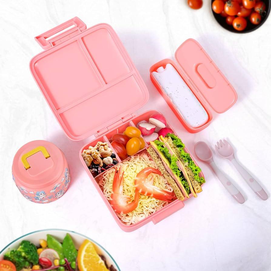 JXXM Bento Lunch Box for Kids with 8oz Soup Thermo,LeakProof Lunch Containers with 3 Compartment,Thermo Food Jar Food Containers for School (BlueUnicorn) some stickers are ripped off
