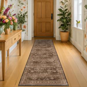 Brown Boho Washable 2x6 Runner Rugs for Hallway Kitchen Bedroom Beside Laundry Room Bathroom Rug, Pet & Kids Friendly, Non Slip Low Pile Stain Resistant Soft Faux Wool Long 24 x 72 Floor Carpet