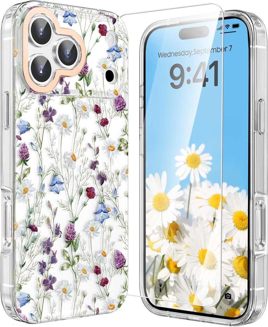 MILPROX Compatible with iPhone 17 Pro Max Flowers Case 6.9 inch - Cute Floral Pattern Design for Women Girls - Slim Clear Elegant Pretty Aesthetic Classy Exquisite Retro Girly Phone Cover - Garden