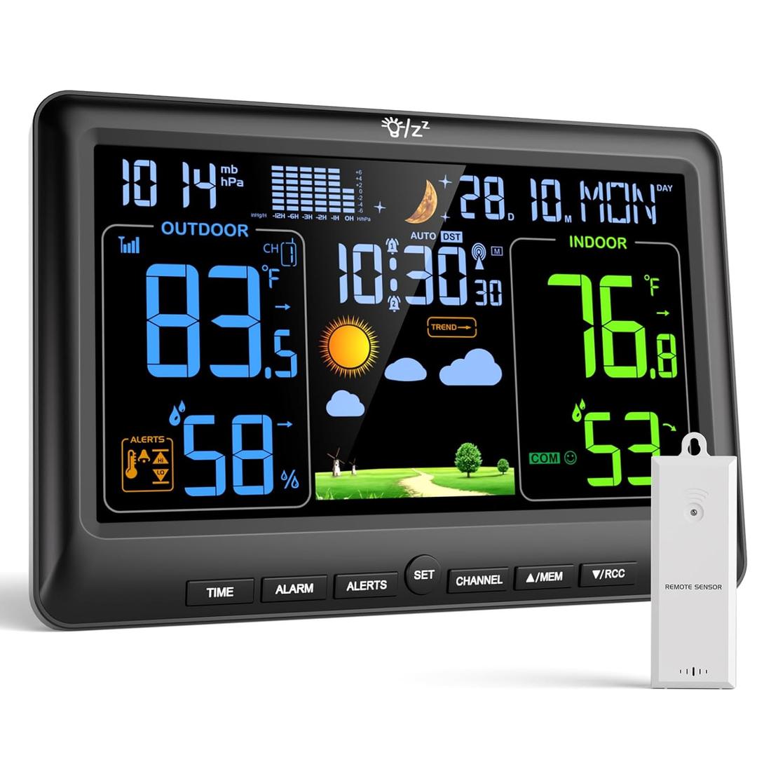 LIORQUE Weather Stations Indoor Outdoor Thermometer Wireless, Atomic Clock for Home with Large Display, Inside Outside Temperature and Humidity Monitor with Date and Weather Forecast
