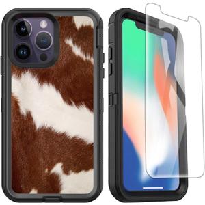 Compatible for iPhone 14 Pro Max Case Western Cowhide Print Luxury Design with Screen Protector Heavy Duty [Military Grade Protection] Shockproof Case for iPhone 14 Pro Max 6.7inch, Brown (Orange)