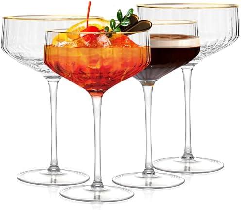 Icesip 13 oz Ribbed Coupe Glasses set of 4, Large Espresso Martini Glasses Gold Rimmed Crystal Vintage Coupe Glasses Set for Champagne Cocktail Party Bar Dessert