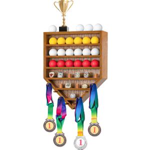 Golf Ball Display Case with Championship Rings Medals Holder, Solid Wooden Wall Mount Golfball Storage Box for Collectors and Autographed Balls, Rings, Medals, Trophies Brown