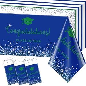 MASHAN 3pcs Class of 2026 Graduation Tablecloths,Foil Dot Plastic Disposable Rectangle Table Covers for 2026 High School University College Graduation Party Decorations,108 * 54 Inch (Blue Green)
