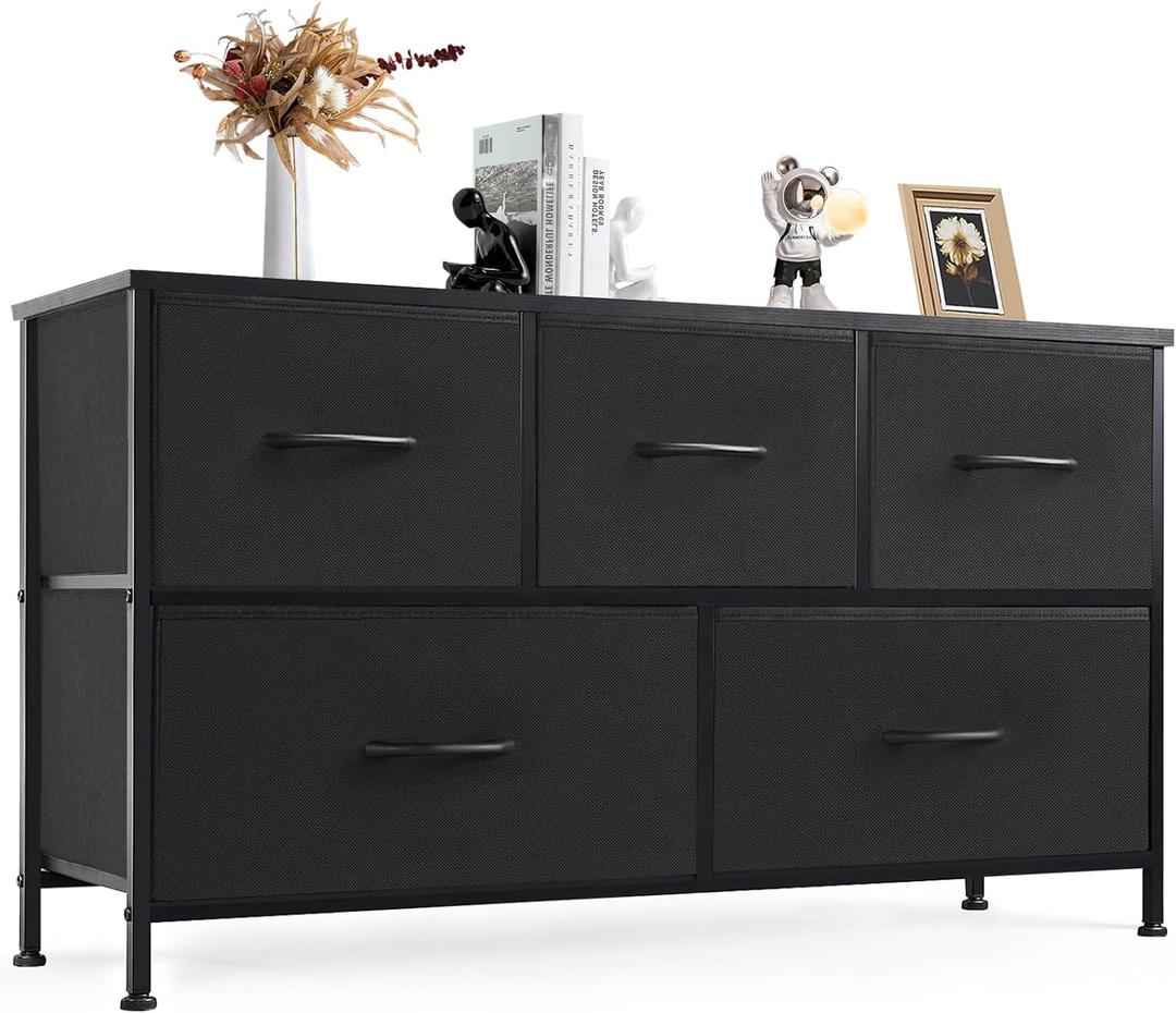 DUMOS Dresser for Bedroom, 5 Storage Drawers, Wide Fabric Closet Chests Organizer Tower Furniture with Wooden Top Metal Frame for Clothes, Guest Room, Living Room, Hallway, Entryway (11.8"D x 39.4"W x 20.9"H (5 Drawers), Black)