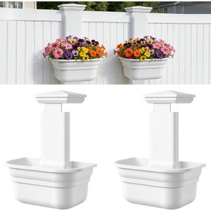 Hanging Planters for Outdoor Plants - Fence Hanging Planters for PVC Fence, Plant Hangers Hanging Plant Flower Pots White with Post Caps for Garden Yard Decor, Easy Install - 2 Pack