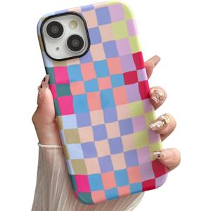 Vinlayss Compatible with iPhone 14 Plus Case6.7" with Cute Colorful Checkered Pattern, Shockproof Slim TPU and Hard PC Protective Phone Case for Women Girl Men - Colorful 3