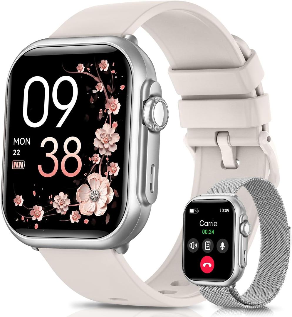 Smart Watches for Fitness Women Men : Smart Watch for iPhone&Android Bluetooth Call with 30 Day Life Sleep for SpO2 Heart Rate Monitor, IP68, Fitness Tracker with 120+Sport, Reloj Inteligente, 2 Bands (Argent)