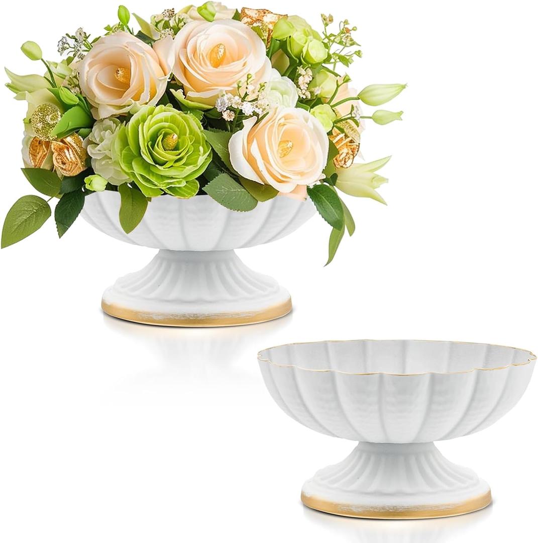 2 x White Flower Vases for Centerpieces: Vintage Compote Bowl Vase for Wedding 4 Inch Small Pedestal Vase for Party White Centerpieces for Table Metal Urn for Event Home Decor Set of 2