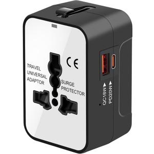 Travel Adapter with PD20W USB-C, Worldwide All in One Universal Travel Adaptor with Dual 3A USB Charging Ports, International Power Plug Adapter Wall AC Charger for USA EU UK AUS Cell Phone Laptop (White)