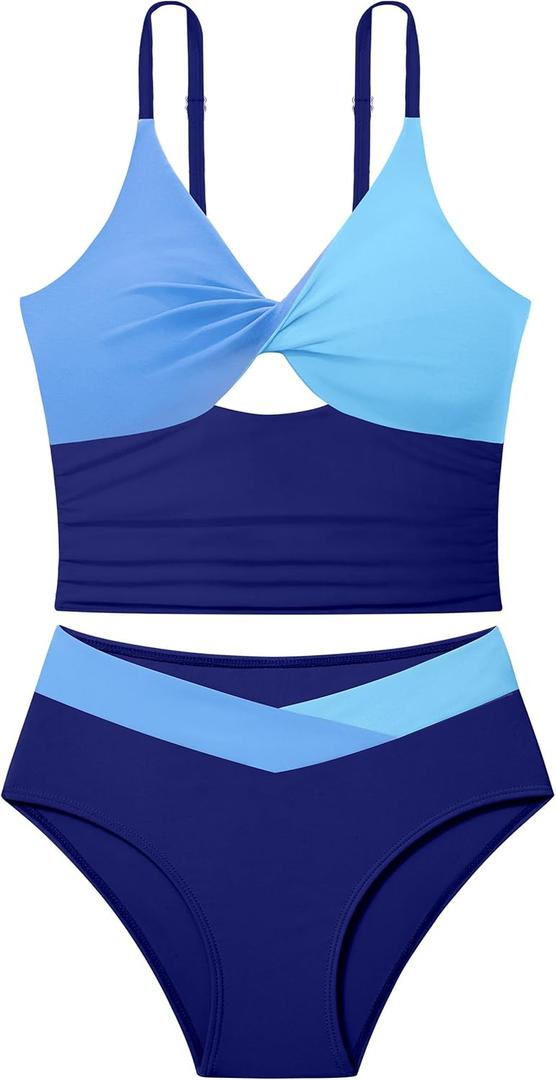 Girls Swimsuit Color Block Girls Bathing Suit Twist Tankini Set Two Piece Girl Swimwear Bikini Set for 9-16 Years (13-14 Years, Blue) Girls Swimsuit Color Block Girls Bathing Suit Twist Tankini Set Two Piece Girl Swimwear Bikini Set for 9-16 Years (13-14 Years, Blue)