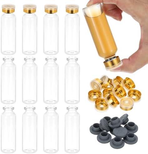 PATIKIL 12pcs 30ml Clear Borosilicate Glass Sample Vials with Aluminum Plastic Cap and Rubber Stopper for Lab Solid Liquid Powder Storage, Gold Plating