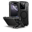 Lanhiem for iPhone 16 Pro Metal Case with Camera Cover & Stand [Compatible with MagSafe] [Built-in Kickstand] [Military-Grade Protection] Heavy Duty Rugged Magnetic Phone Case, Black