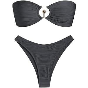 ZAFUL Womens Bandeau Bikini Set Metallic Sparkly O Ring Lace Up Tie Side High Cut Tanga Sexy Bathing Suit Swimwear, L