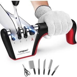 Longzon 4-in-1 Knife Sharpener [4 Stage] with a Pair of Cut-Resistant Glove, Original Premium Polish Blades, Best Kitchen Knife Sharpener Really Works for Fruit and Steel Knives, Scissors