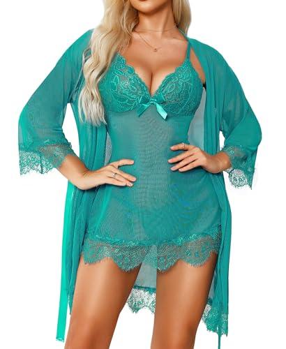RSLOVE Women Sexy Lingerie Set 3 Piece Babydoll & Lace Kimono Robe Strap Chemise Mesh Sleepwear Blue Green L
