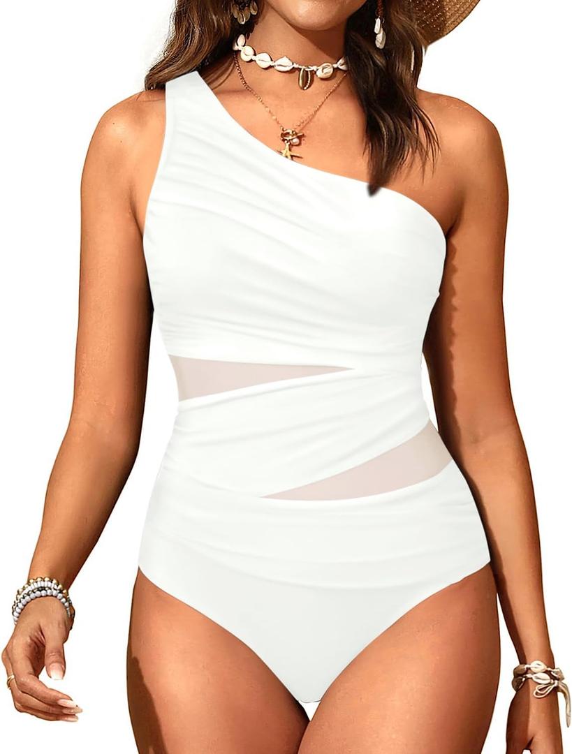 Aqua Eve Women Mesh One Piece Swimsuit - Tummy Control One Shoulder Bathing Suit Cut Out Swimwear 2026 (Medium, White)