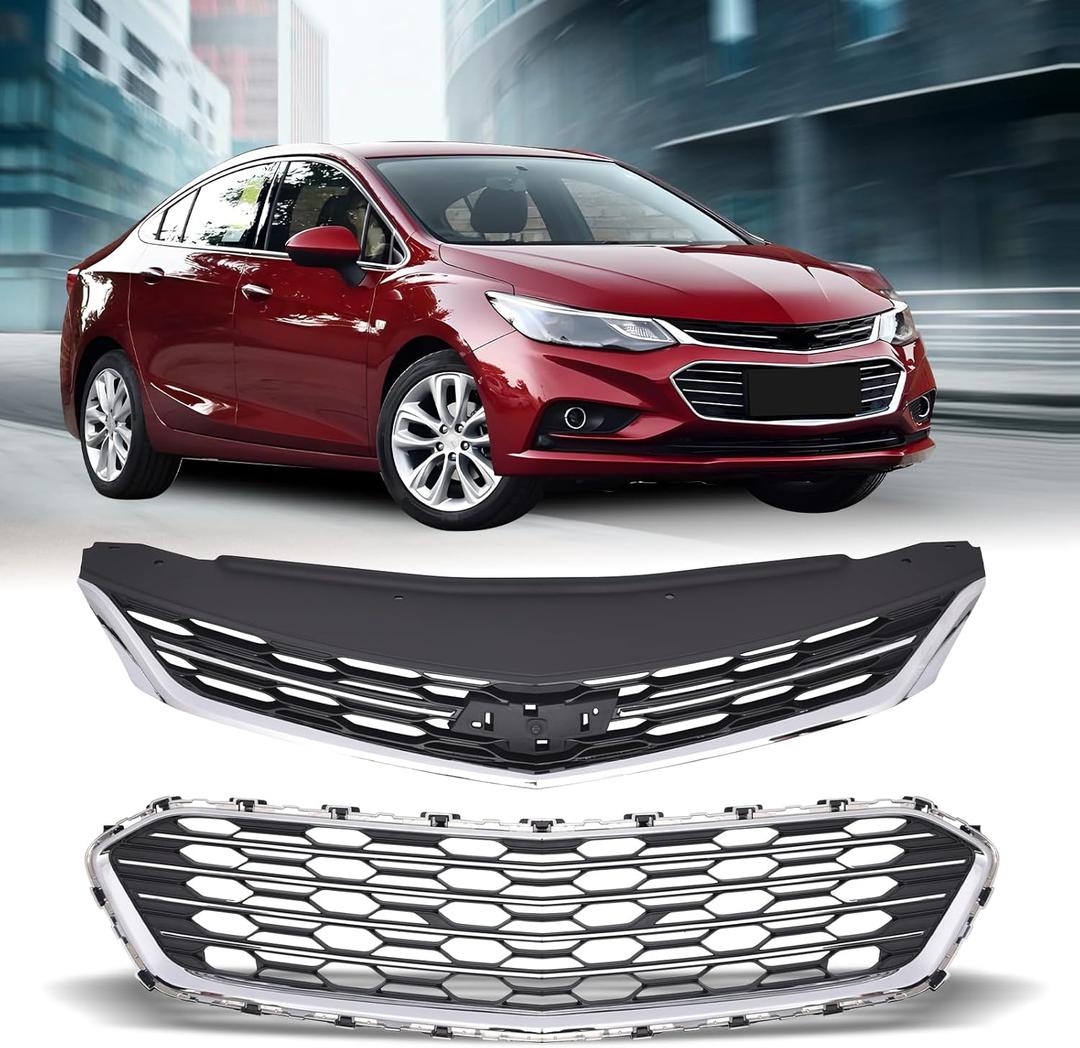 Upper +Lower Grille Assembly Chrome Center Grille Compatible With 2016 2017 2018 CHEVROLET CRUZE 84189617+23504350 (2017-2018)