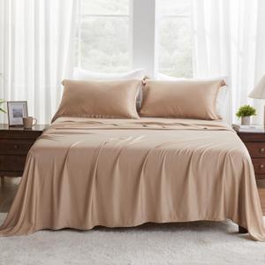 GOKOTTA King Size Sheets Set - FSC & Oeko-TEX Certified - 100% Rayon Derived from Bamboo - 430 High Thread Count Ultra Soft Breathabel and Cooling,16'' Deep Pocket with Elastic Corner Straps - Sand