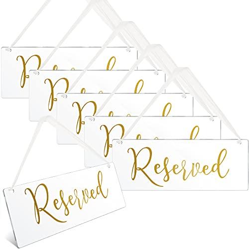 Blulu 6 Pcs Reserved Signs for Wedding Chairs Acrylic Tag Hanging with Ribbon for Wedding Reserved Signs for Important Events Church Pews Chair and Restaurant (Gold)