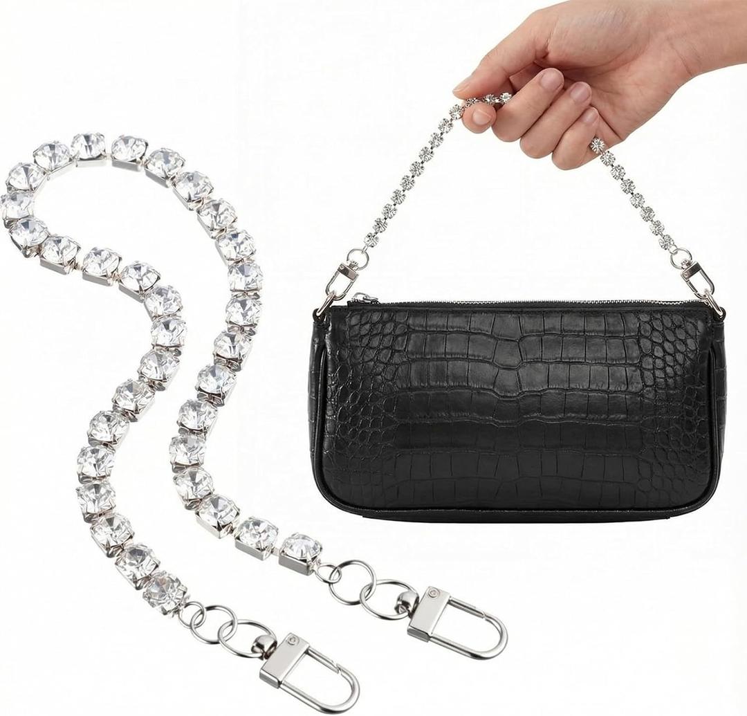 Hinly Bag Chain Charms 13.4 Inch Silver Vintage Rhinestones Purse Charms Strap Chain Replacement Accessories for Women's Crossbody Shoulder Wallet Purses Handbags Decoration