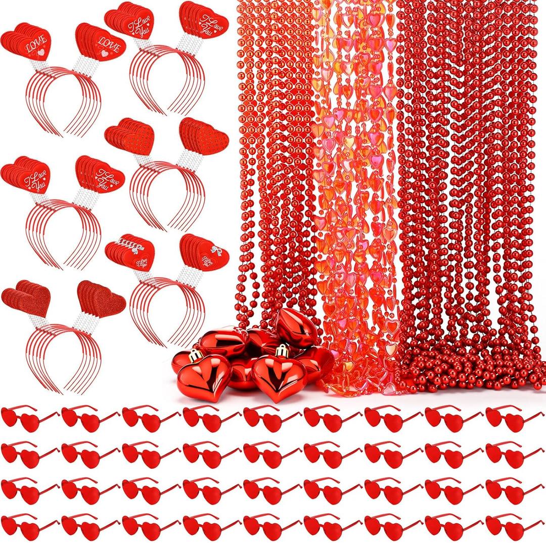 Kanayu 108 Pcs Valentines Day Accessories 36 Valentines Heart Headbands 36 Heart Shaped Sunglasses 36 Bead Necklaces for Valentine Party Favors Supplies Bachelorette Decorations(Red)