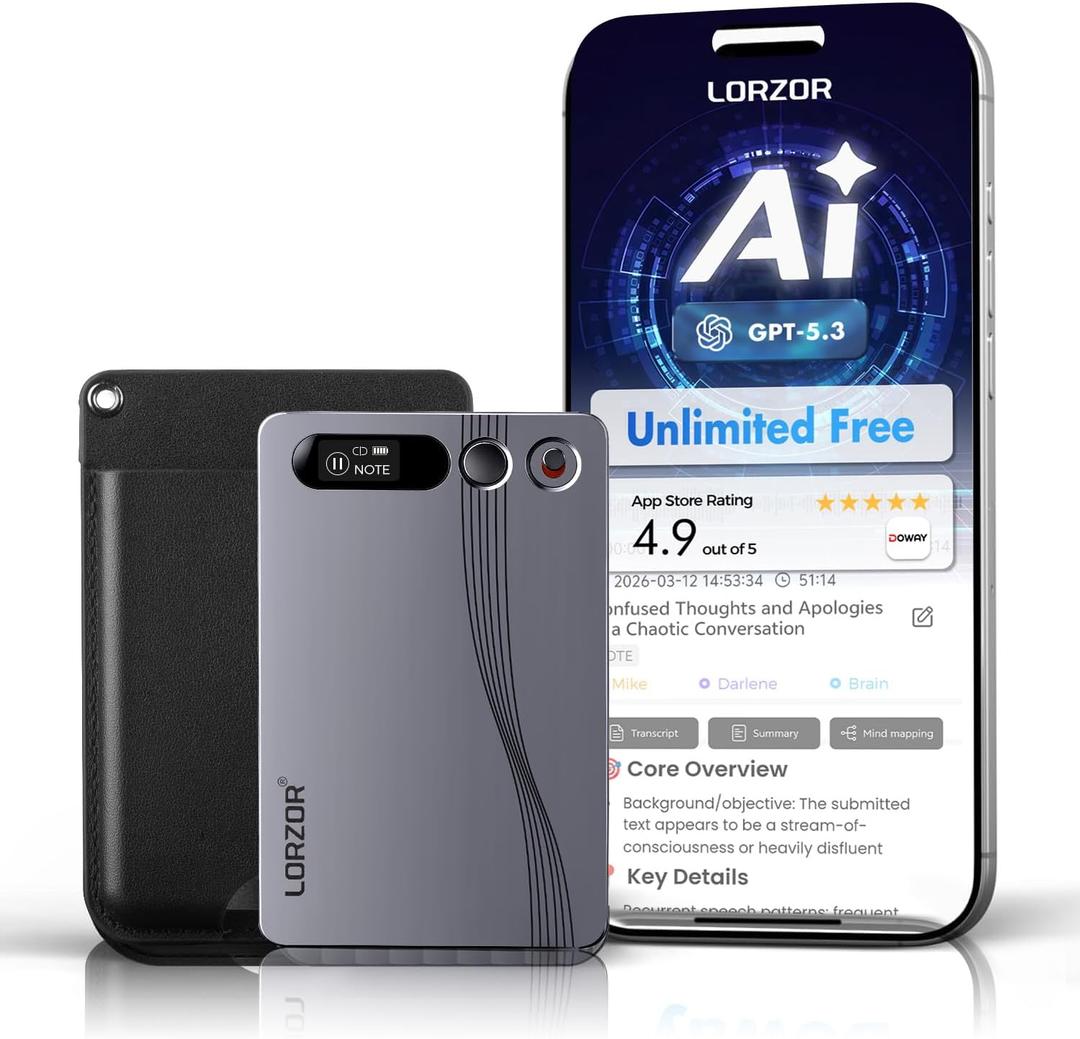 LORZOR AI Voice Recorder, Pocket ai Note Taker for Meetings & Calls, Transcribe & Summarize, 64GB, App Control, Support 152 Languages, Al Noise Cancellation Technology, Case & Lanyard Included, Gray