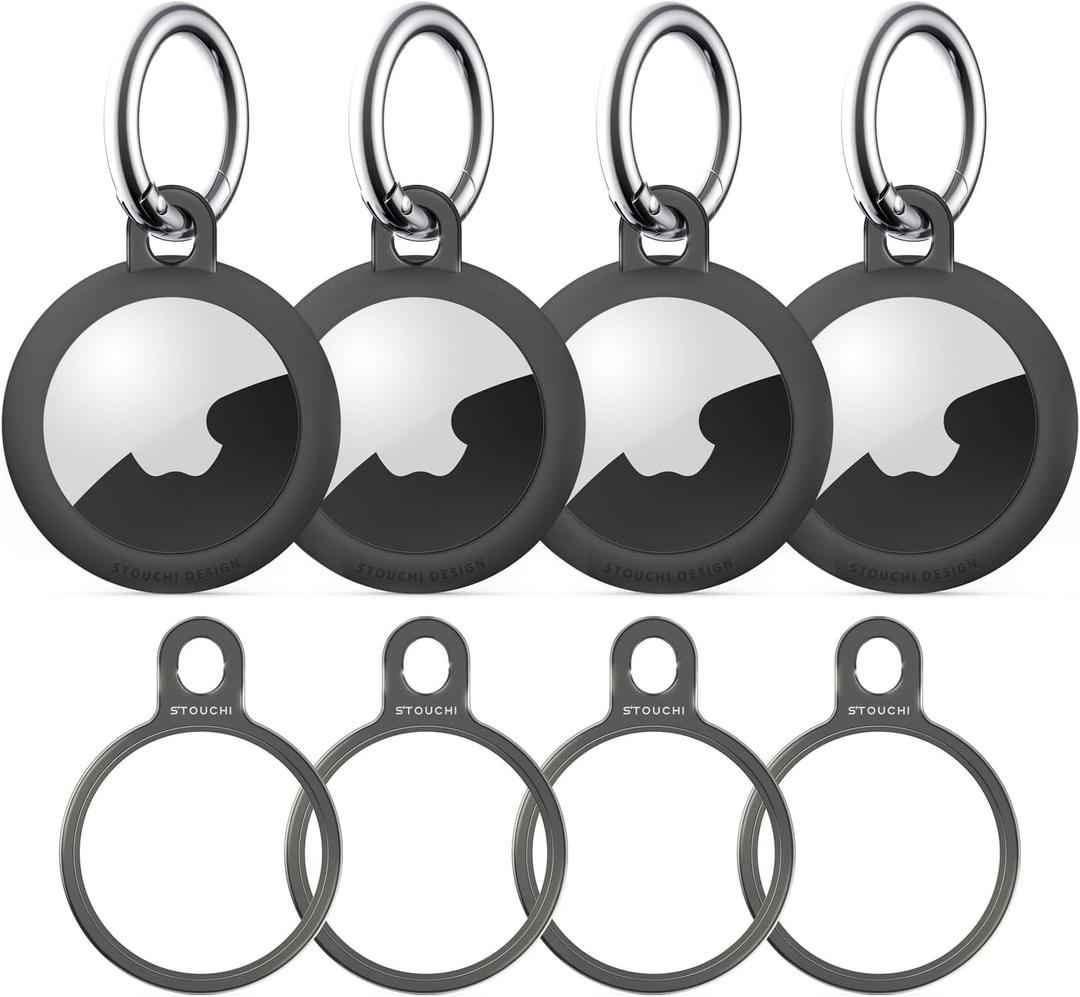 Stouchi Holder Key Ring for Air tag, Aluminium Invisible Slim Keychain Case for Air Tag 2nd Gen (2026) & 1st Gen Items Finder iPhone, Dogs, Keys, Backpacks Air Tag Accessories (4P with TPU + 4 rings, 4 Grey)