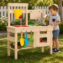 Kids Wooden Mud Kitchen Outdoor Playset, Solid Wood Backyard Pretend Kitchen with Working Faucet, Sink, Cutting Board, Planting Cups, Toy Cookware, Magnetic Cabinet Door and Storage Shelf