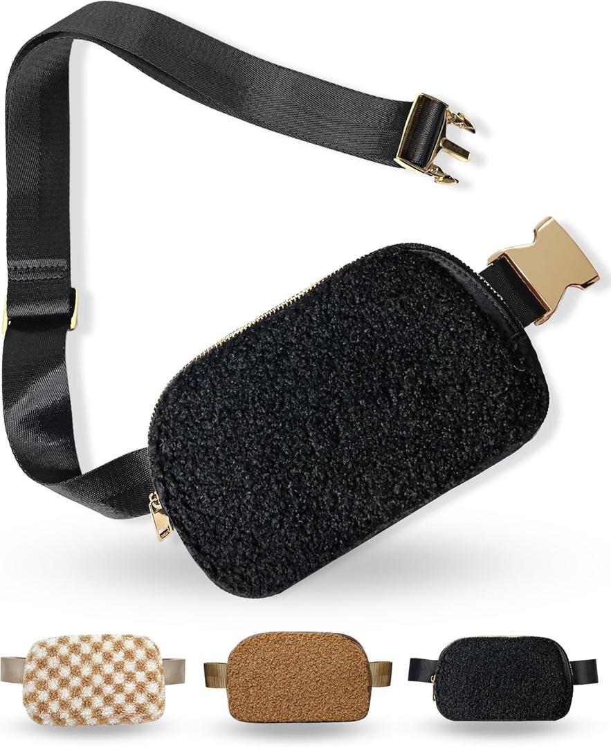 Boutique Fleece Belt Bag | Sherpa Crossbody Bag Fanny Pack for Women Fashionable | Everywhere Waist Pack | Small Fashion Travel Chest Bag (Small Strap Length, Black Fleece)