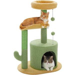 PAWZ Road Cactus Cat Tree Small Cat Tower 32 Cat Scratching Post with Curved Perch, Cozy Cat Condo, Removable Padded Top Bed for Kittens and Indoor Cats-Green, Cactus Green 21.5"L x 15.6"W x 32"H