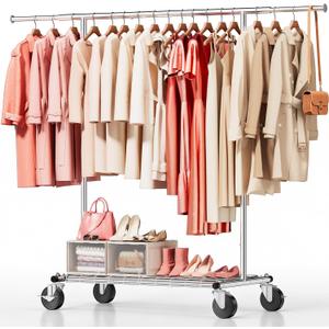 Heavy Duty Clothes Rack - Load 500 LBS, Rolling Clothing Rack for Hanging Clothes with Lockable Wheels & Shelves, Extendable Garment Rack for Bedroom, Laundry, Living Room, Silver