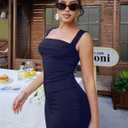 Women's Elegant Sleeveless Square Neck Bodycon Ruched Long Evening Party Dress (Blue)