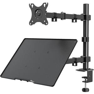 MOUNTUP Monitor Mount with Laptop Tray, Single Monitor Arm for 13-27 Inch Computer Screen, Laptop Mount for Max 17" Notebook, Desk Monitor Mount with C-Clamp and Grommet Base, up to 17.6lbs, Black