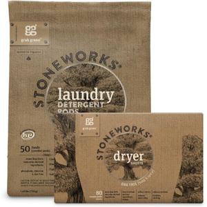 Grab Green Stoneworks Laundry Detergent Pods and Dryer Sheet Bundle, 50 Count Pods and 80 Dryer Sheets, Oak Tree Scent, Plant and Mineral Based Laundry Care Set