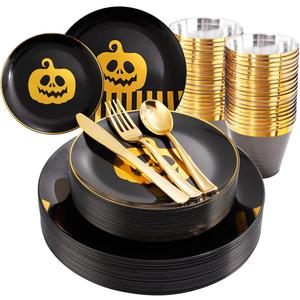 KIRE 25 Guest Halloween Plates Black Gold Plastic Plates Smiley Pumpkin include 50PCS Black &150PCS Gold Plastic Silverware&25PCS Clear Black Cups for Halloween Party
