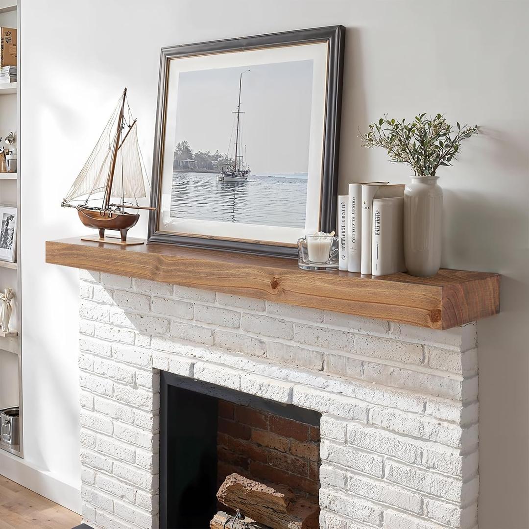 48 Solid Fireplace Mantel, Rustic Floating Wooden Shelf, Wall Mounted Mantel with Invisible Iron Bracket, Dark Oak