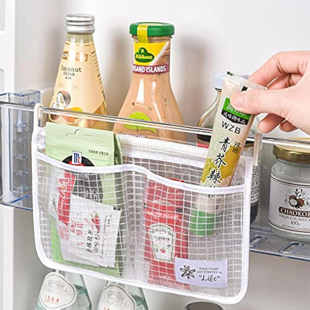 4PCS Refrigerator Door Organizer Set, Fridge Hanging Mesh Bag for Kitchen Storage Bag, Household Sundries Sorting Bag Used to Refrigerator Side Door, Only for Small Objects Containers (Blue+White(4pcs))