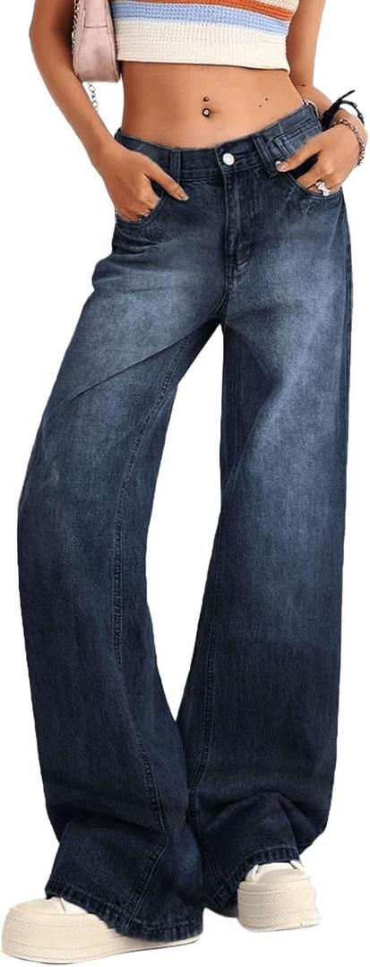 Women's Low Rise Baggy Jeans Y2K Wide Leg Denim Pants Casual Loose Straight Leg Boyfriend Jeans with Pockets (Blue - Black) Small