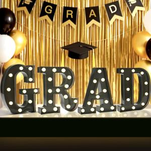 Graduation Decorations 2025, 4 LED Light Up Letters GRAD Sign for Class of 2025, Battery Operated Marquee Letter Lights GRAD Sign for High School Senior College Graduation Party Favor Supplies-Black