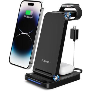 ELEGRP Wireless Charging Station for Apple/Samsung/Android, 3 in 1 Travel Fast Wireless Charger for iPhone 15/14/13/12/11/Pro/Max/SE/8, Samsung S23/S22/S21/S20/Note 20, Apple Watch, AirPods (Foldable, BLACK)