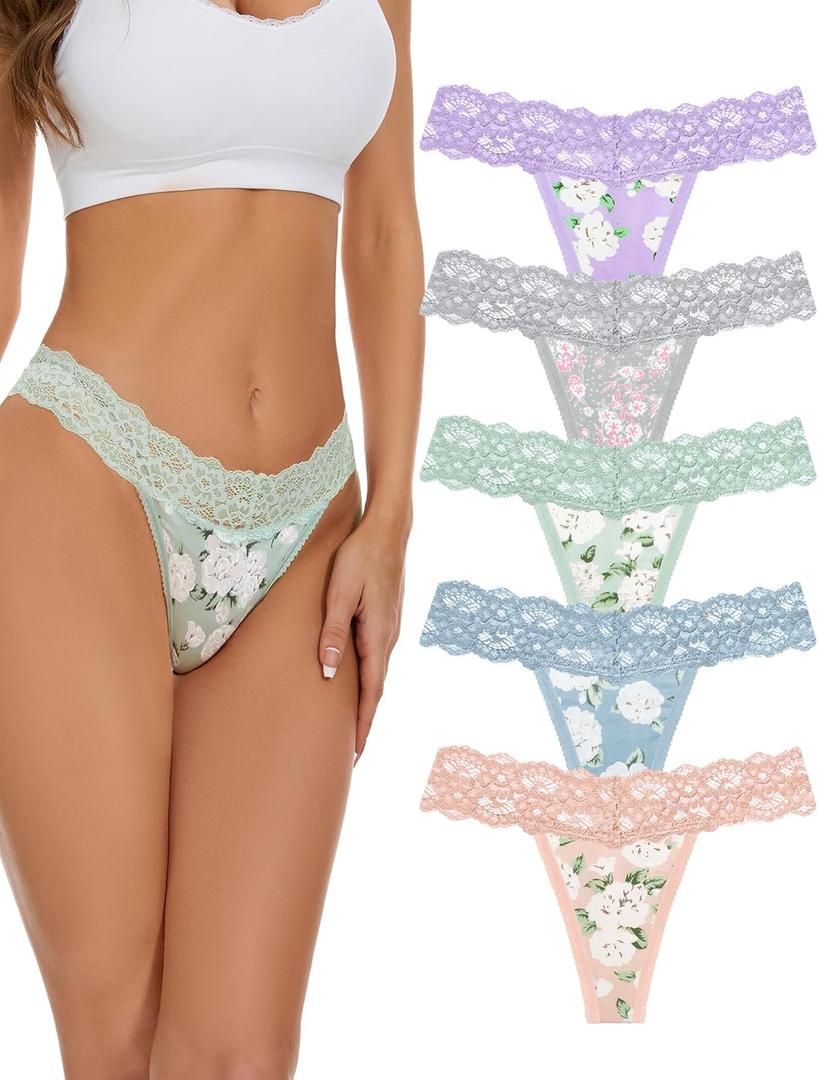 voenxe Seamless Thong for Women,No Show Lace Underwear,Ladies Breathable Comfort Panties Soft Laser Cut Undies,Tanga,5-Pack (XX-Large, Floral)