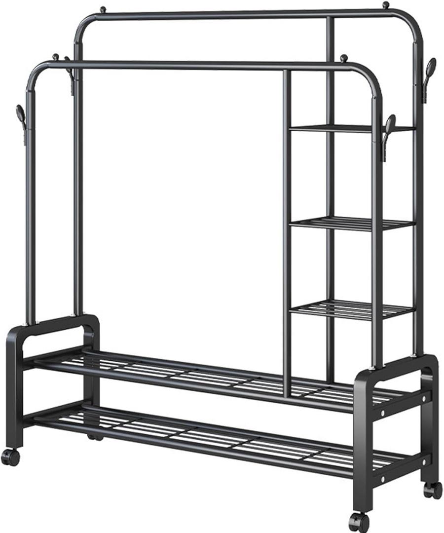 Portable Metal Garment Rack with Wheels,Multi-Functional Double Rods Bedroom Clothing Rack,Double Layer Bottom Shelves and 4 Hooks,Freestanding Coat Rack,A-150 * 50 * 162cm
