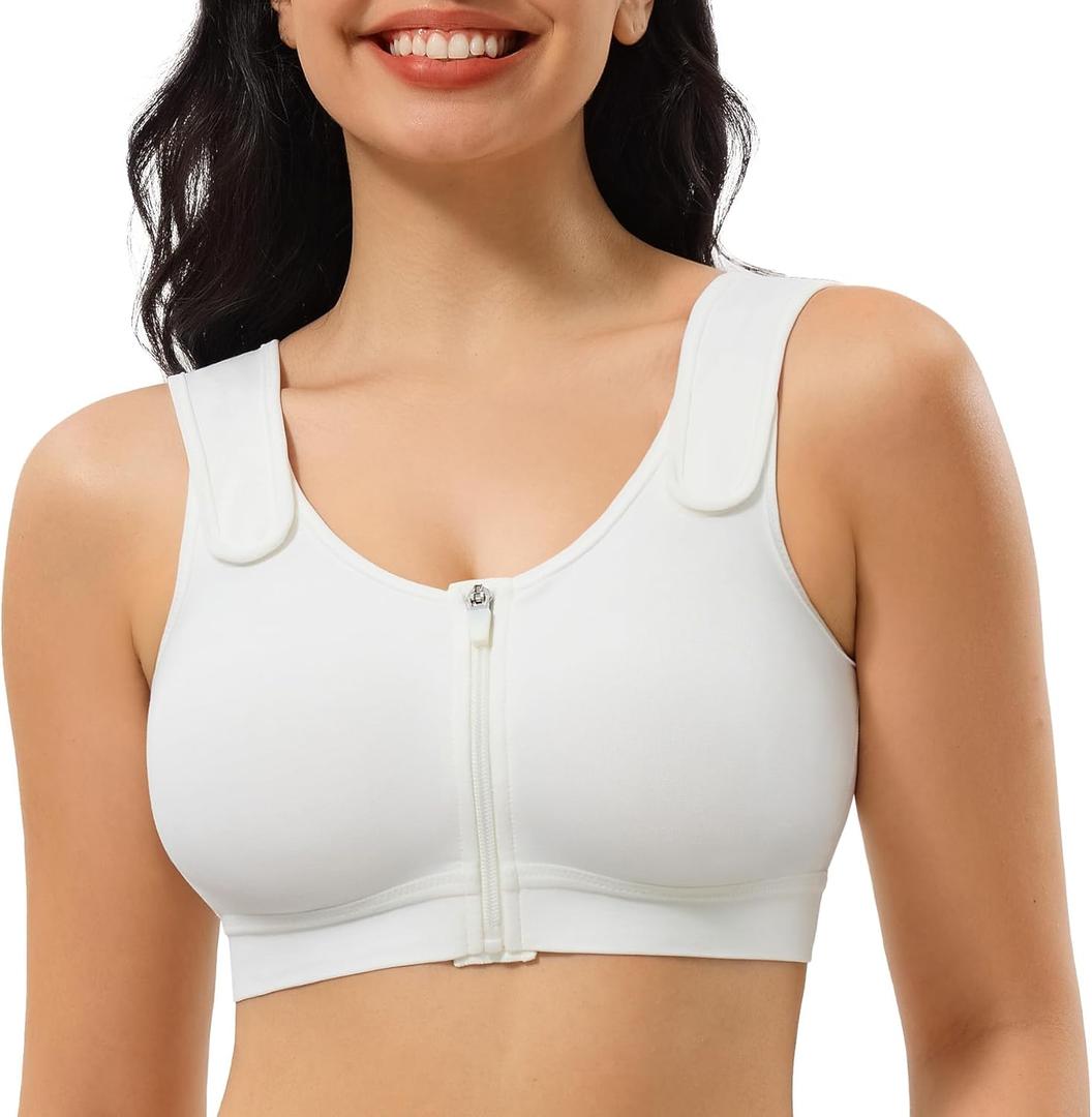 CYDREAM Zip Front Closure Wireless Bras for Women Full Coverage Post Surgery Compression Back Smoothing Comfort Adjustable (Large, White)