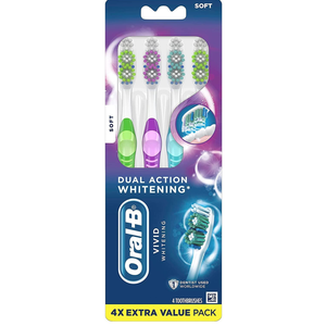 Oral-B Advantage Vivid Dual Action Whitening Toothbrushes, Soft, Tooth Brush Pack of 4 Count, Tooth Brushes (Packaging and Product Color May Vary)