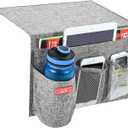 Linen 4 Pockets Bedside Caddy, Bedside Storage Organizer with Water Bottle Holder for Magazine, Remotes, Phone (Grey)