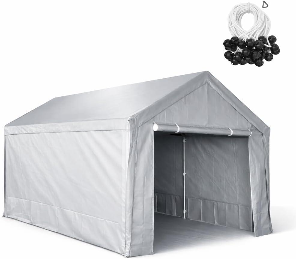 10 x 20 ft Carport Canopy Replacement Cover+Sidewall, Heavy Duty Waterproof&UV Protected Garage Tent Shelter Tarp, Tear-Resistant Car Shed Tarpaulin Cover with Ball Bungees (Frame Not Included) Grey, 10X20 Top Cover+ Sidewall